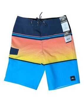 O’Neill Navy Blue Orange Yellow Swim Trunks Boardshorts Hyperdry NWT Boys 26